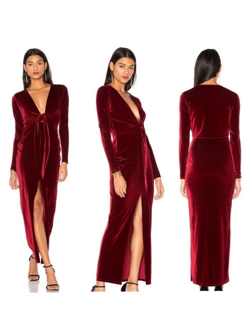 LPA Red Velvet Plunging Merlot Long Sleeve Maxi Dress sz XS